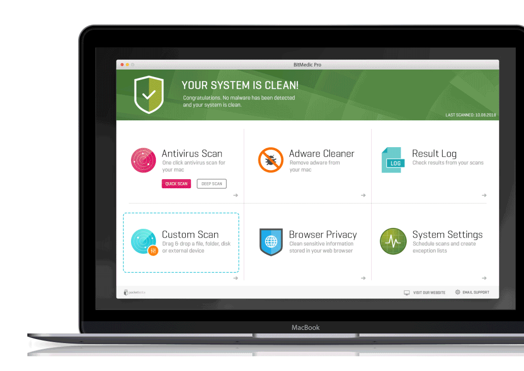 BitMedic Pro on a MacBook showing antivirus scanning, adware cleanup, browser privacy, and scan results