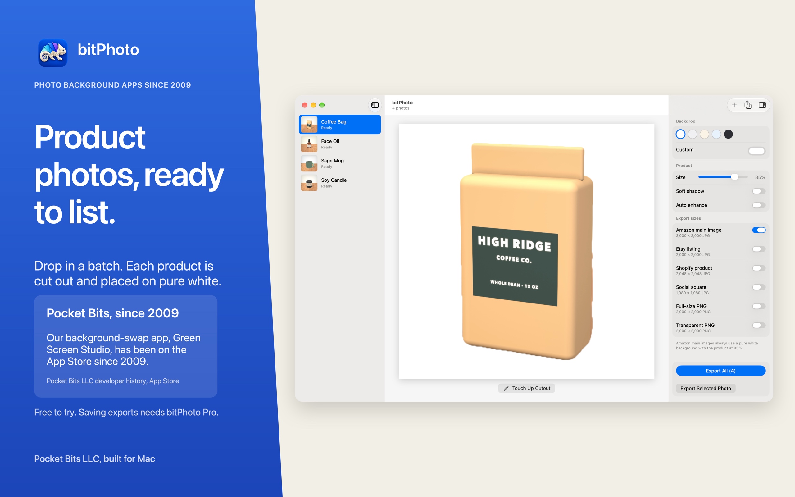 bitPhoto on Mac: a batch of product photos previewed on pure white.