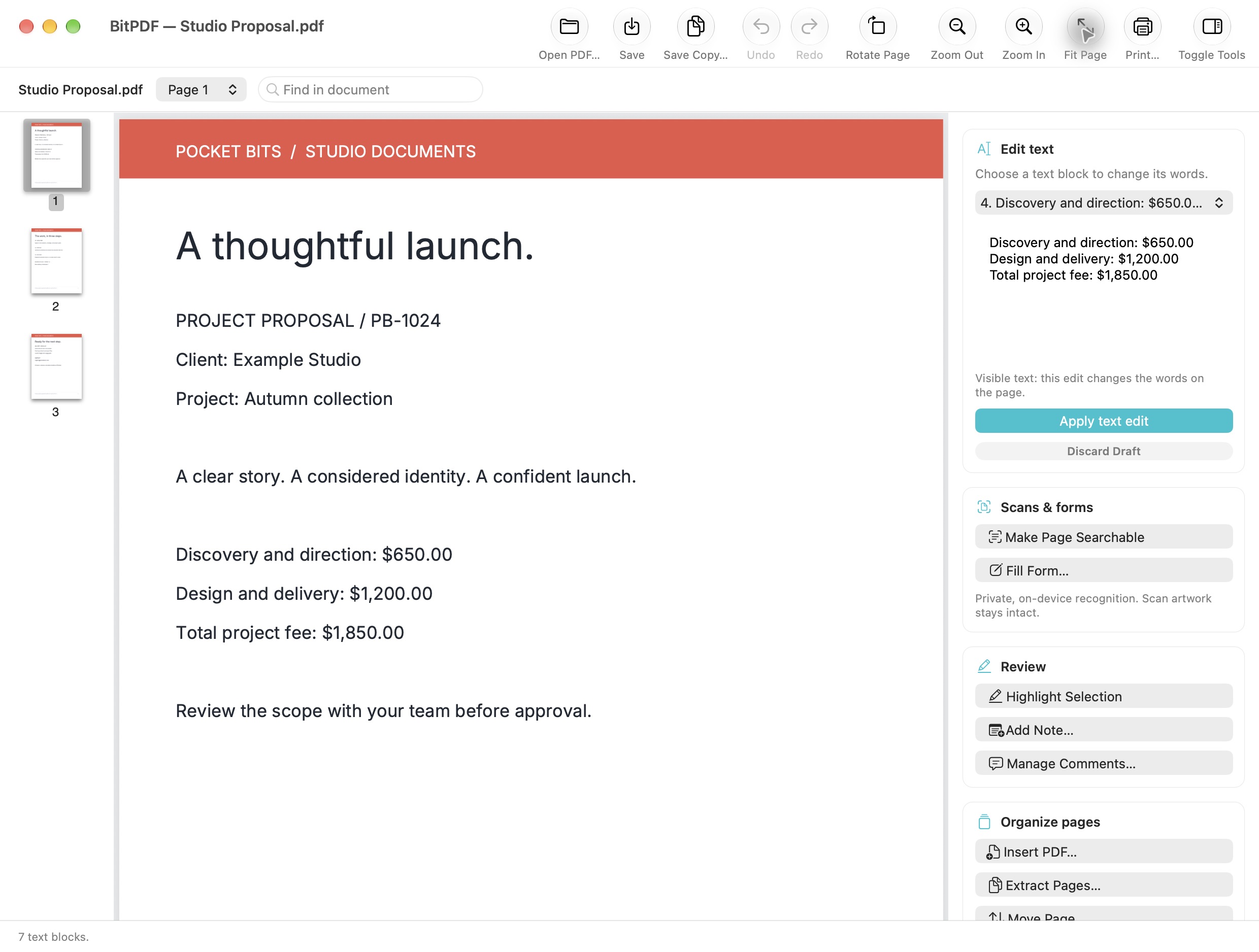bitPDF editing a sample studio proposal with text editing and page tools